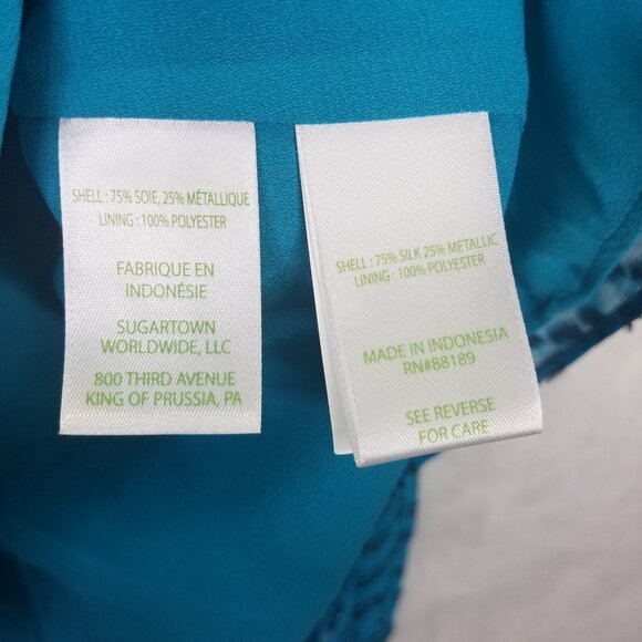 Lilly Pulitzer Caline Blouse Women M Teal Bay Silk Swirl Clip Silver Puff Sleeve - Picture 11 of 16